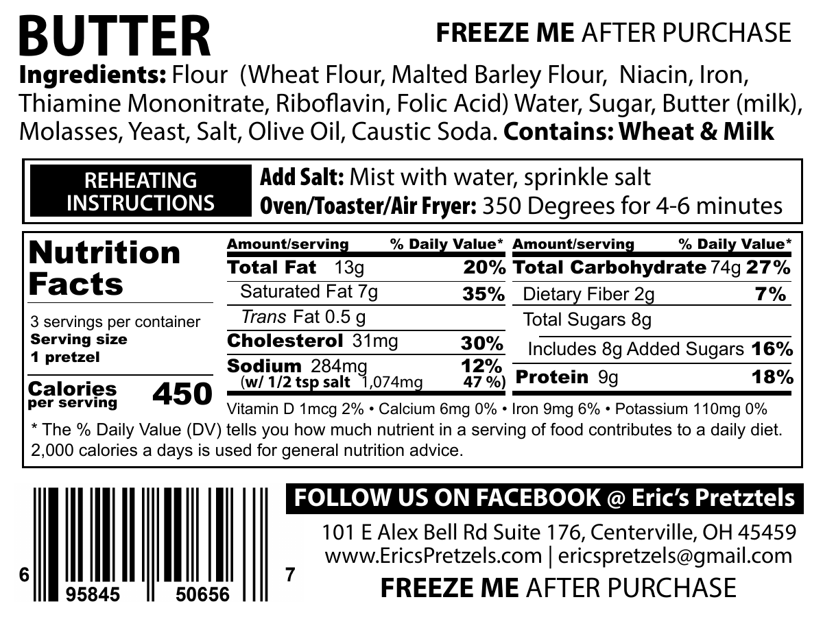 Nutrition facts, ingredients, allergens, and reheating instructions for Eric’s Butter Soft Pretzels 3-pack