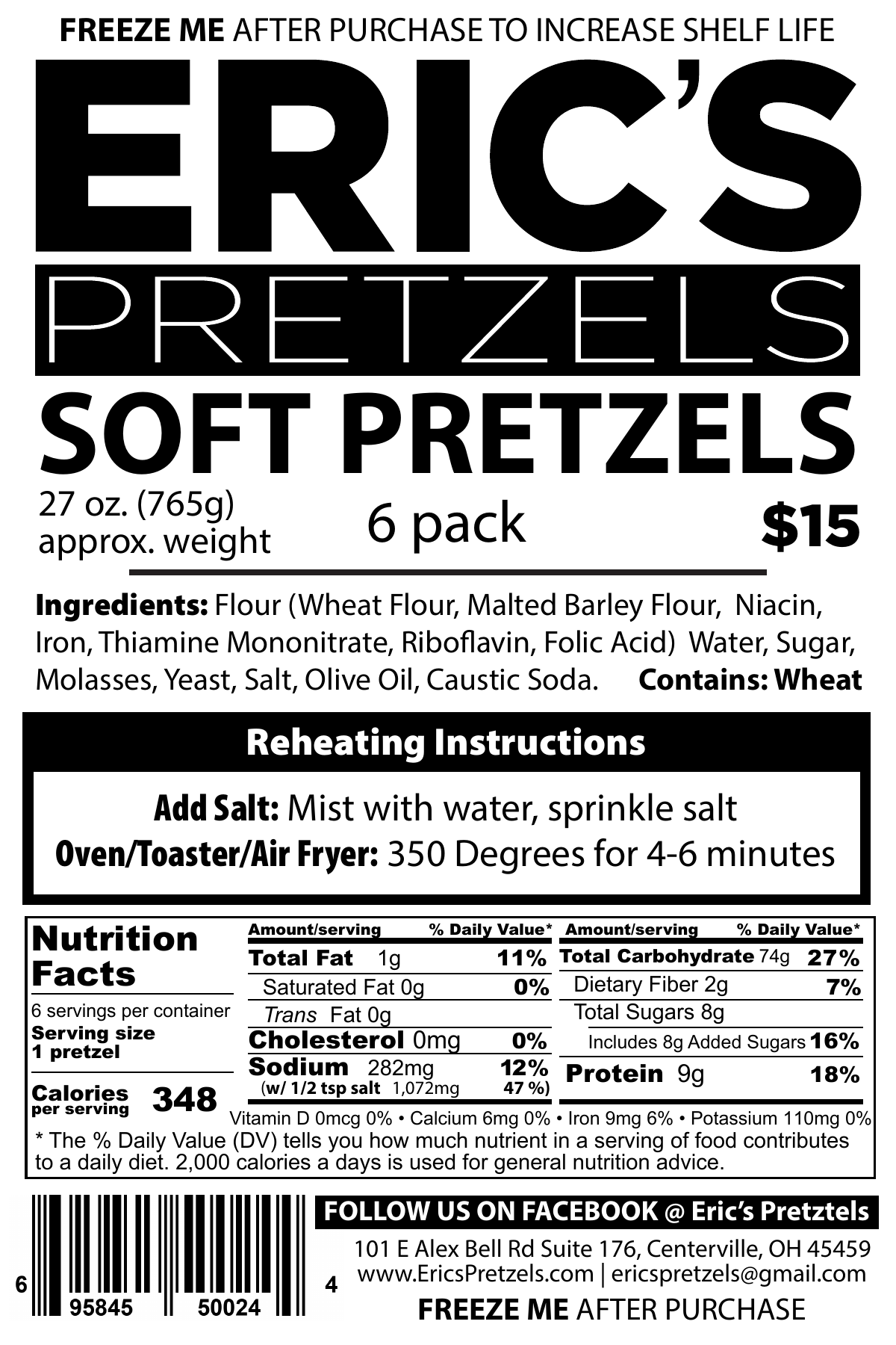 Nutrition facts, ingredients, allergens, and reheating instructions for Eric’s Handmade Soft Pretzels 6-pack
