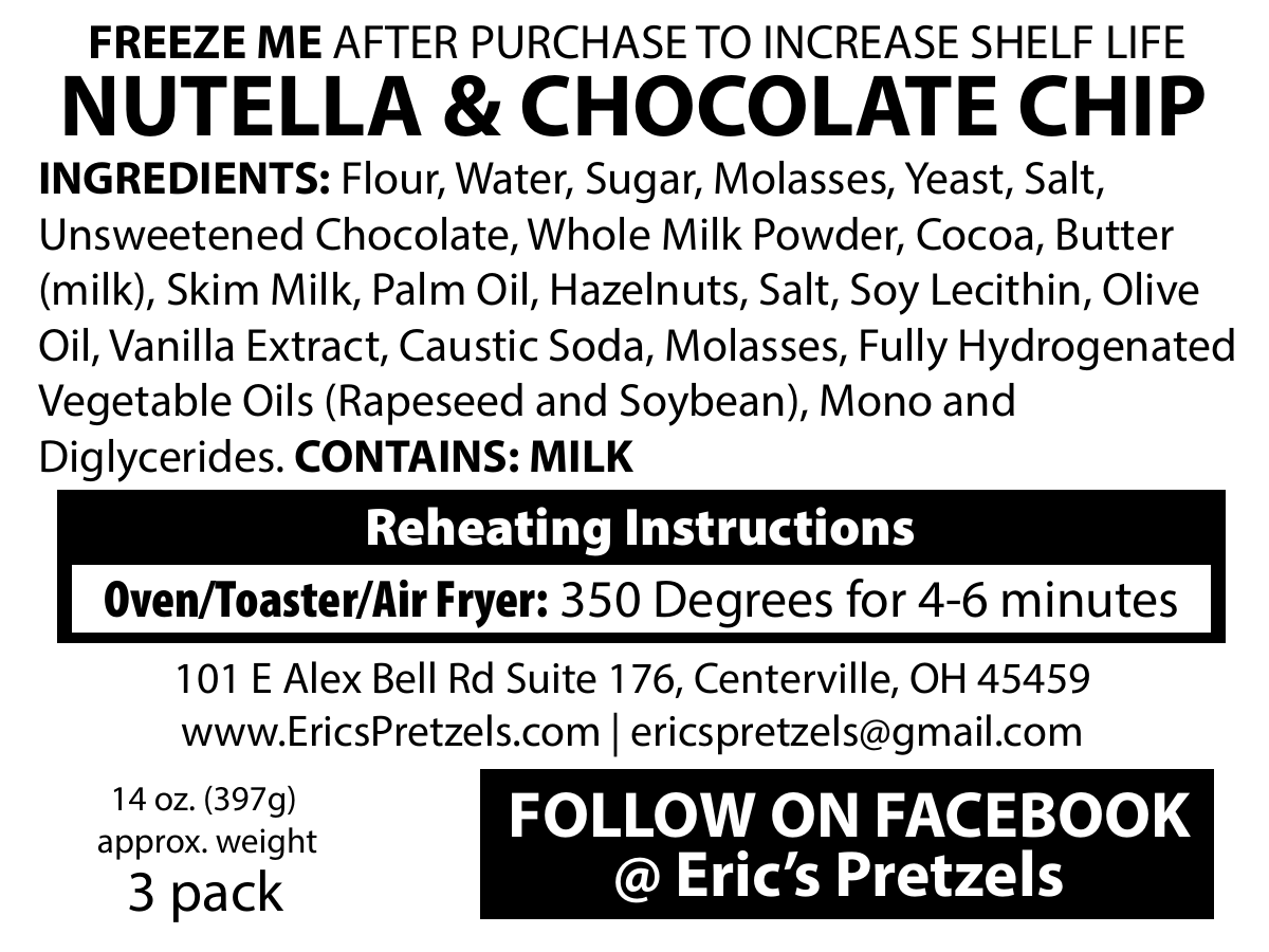 Ingredients, allergen statement, reheating instructions, and package details for Eric’s Nutella Chocolate Chip Soft Pretzels 3-pack