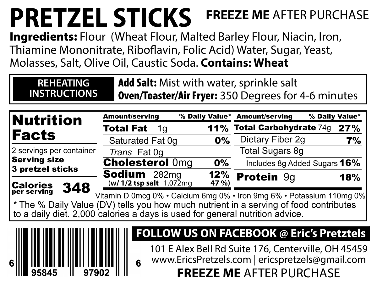 Nutrition facts, ingredients, allergens, and reheating instructions for Eric’s Soft Pretzel Sticks 6-pack