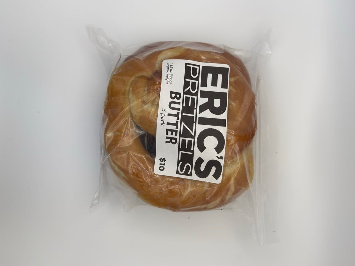 Side view of Eric’s Butter Soft Pretzels 3-pack packaging