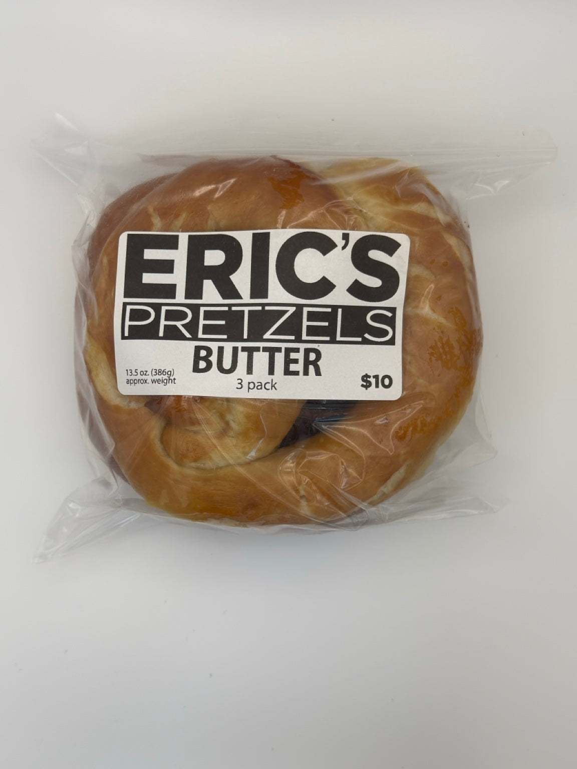 Eric’s Butter Soft Pretzels 3-pack in clear packaging