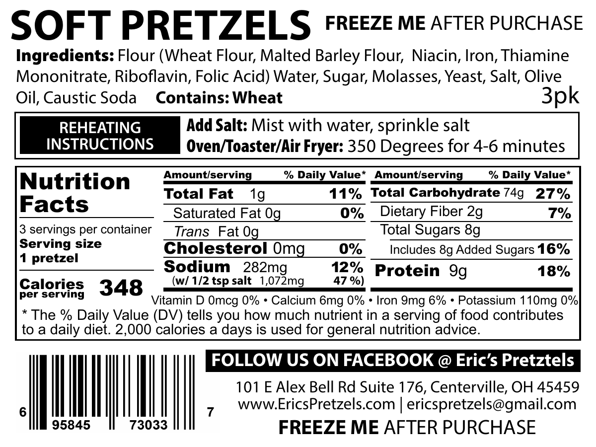 Nutrition facts, ingredients, allergens, and reheating instructions for Eric’s Handmade Soft Pretzels 3-pack
