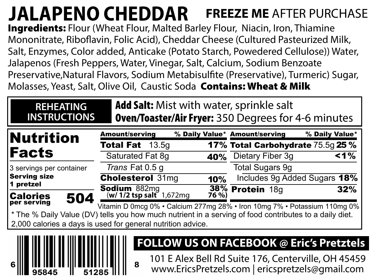 Eric's Pretzels Jalapeño Cheddar Soft Pretzels 3 Pack Nutrition Facts