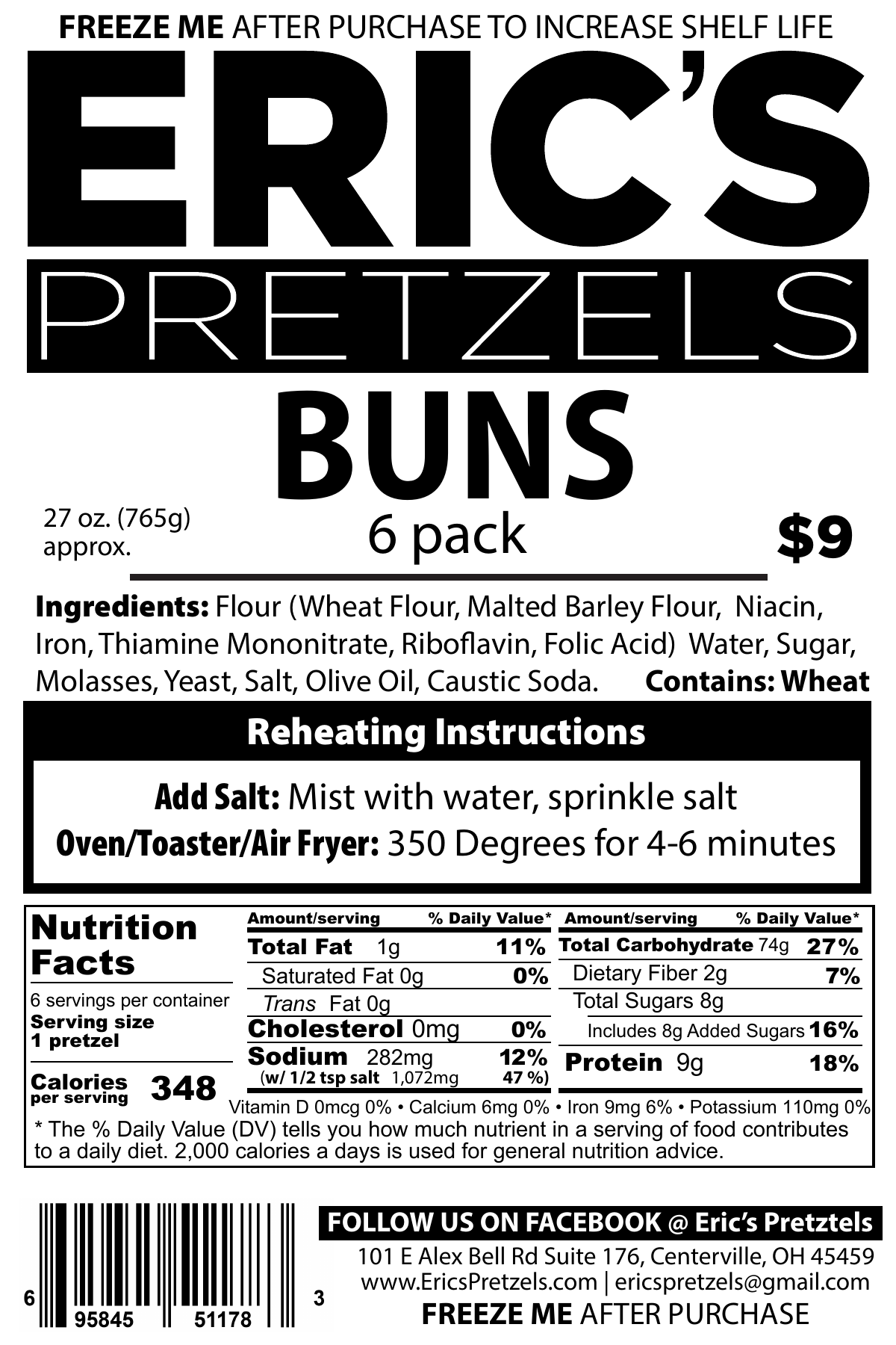 Nutrition facts, ingredients, allergens, and reheating instructions for Eric’s Pretzel Buns 6-pack