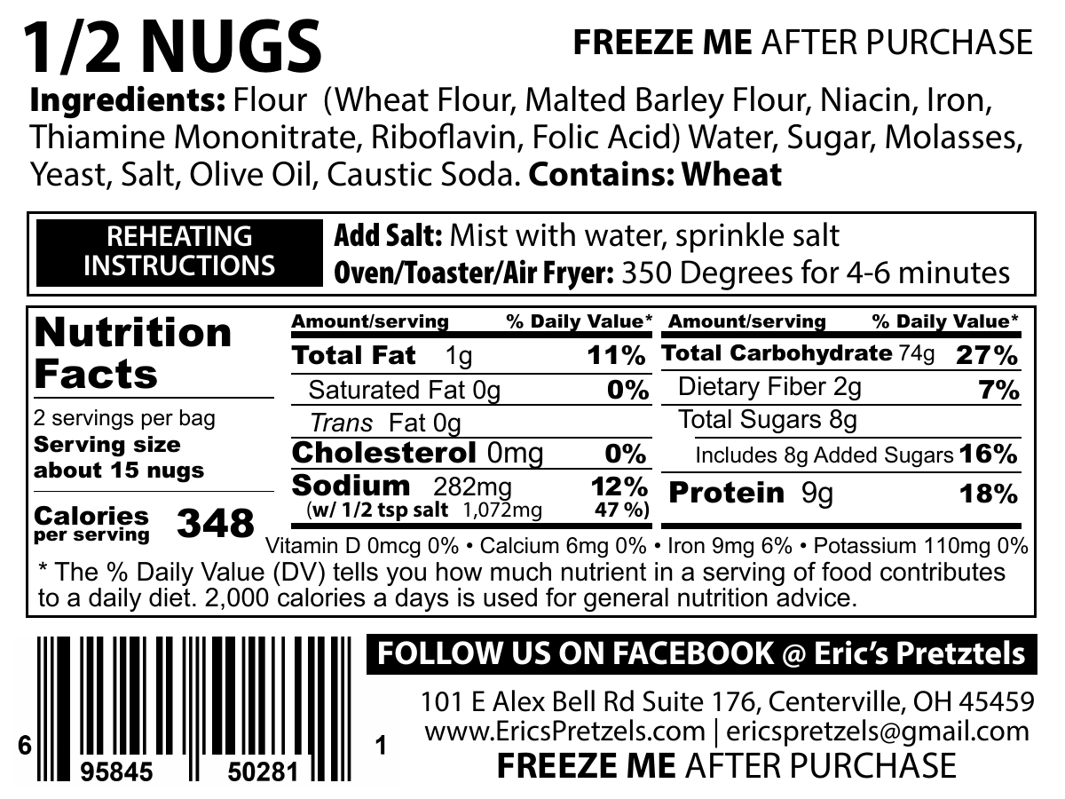 Nutrition facts, ingredients, allergens, and reheating instructions for Eric’s Pretzel Nugs 8.5-ounce bag