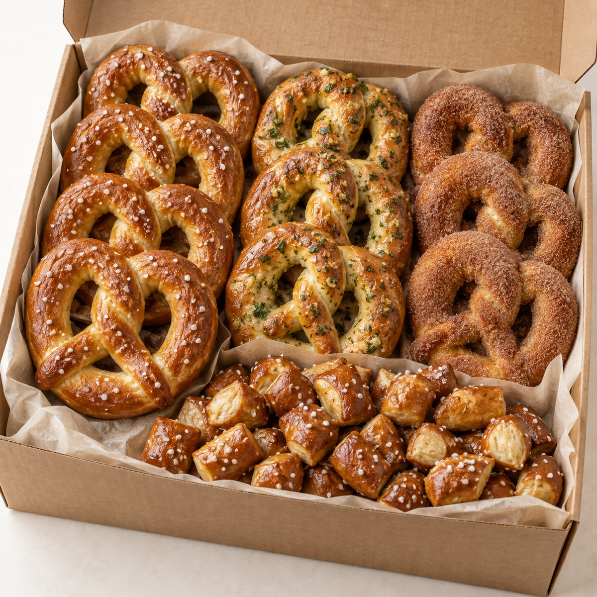 Eric’s Pretzel Sampler Box with Original, Garlic Butter, Cinnamon Sugar, and Pretzel Nugs