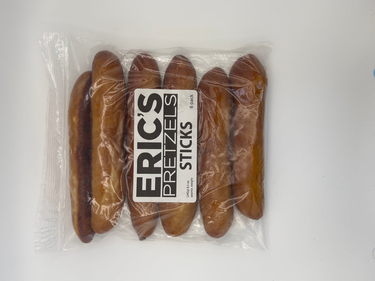 Eric’s handmade soft pretzel sticks 6-pack in clear packaging